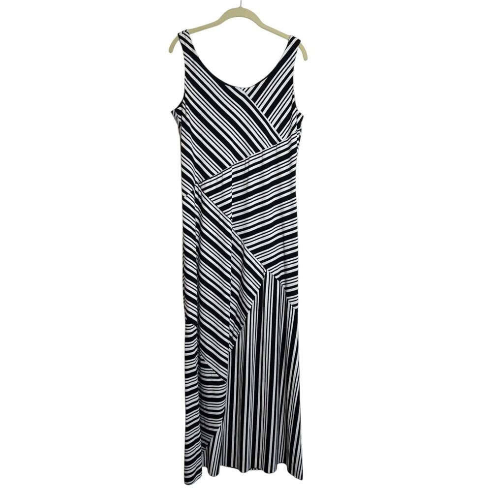 AB Studio Womens Maxi Dress XL Black White Stripe Sleeveless Scoop Neck Stretch